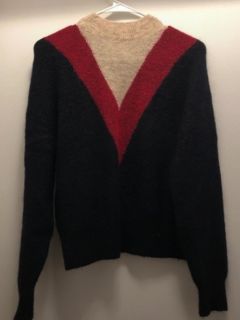 & Other Stories Black Sweater with Red V and Cream Neck